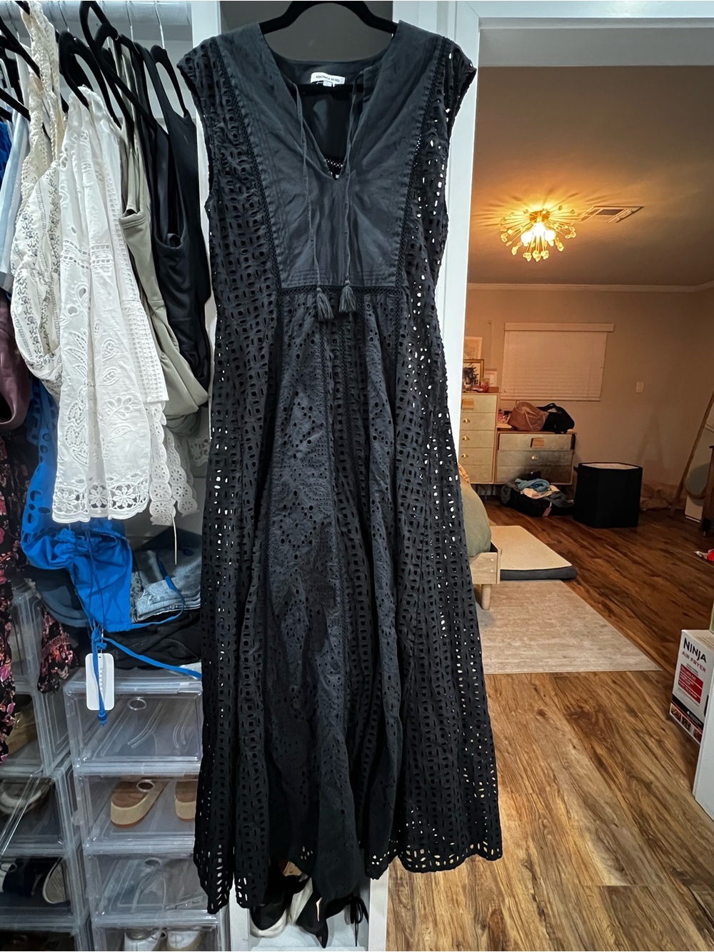 Veronica Beard AlinaBlack Eyelet Maxi Dress with Tassel Tie - size 12